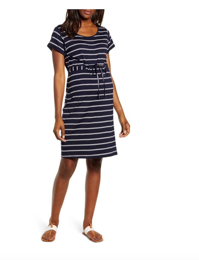a black and white striped maternity t-shirt dress with drawstring waist