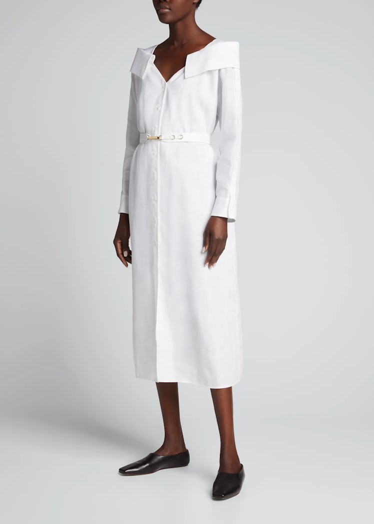 Mousseline Linen Midi Dress With Leather Belt