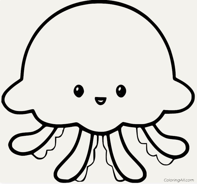 Black and white cartoon coloring page; jellyfish, basic design with smiling face