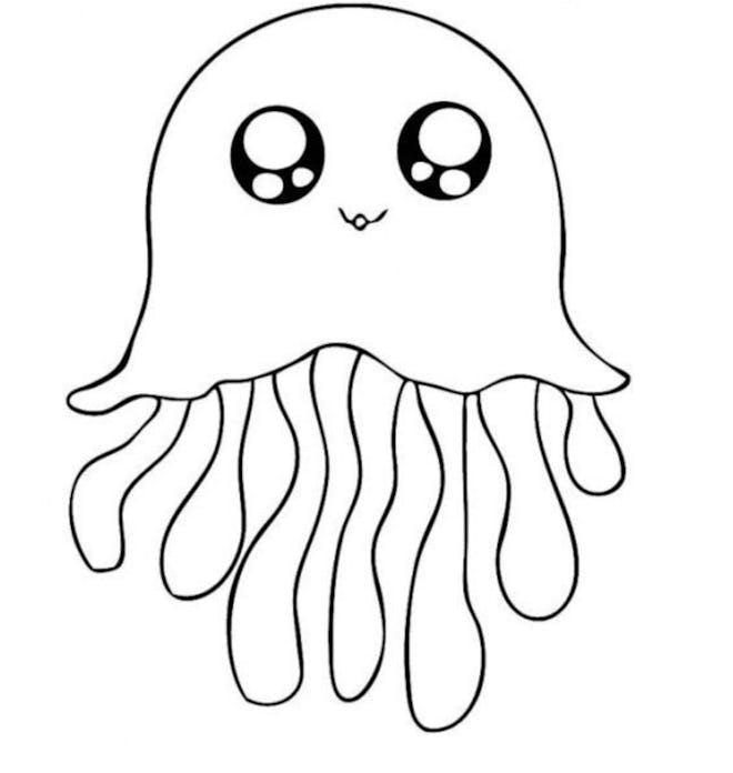 Black and white cartoon coloring page; jellyfish with big doe-eyes and long dangling legs