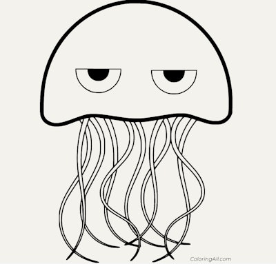 Black and white cartoon jellyfish coloring page; jellyfish with angry eyes