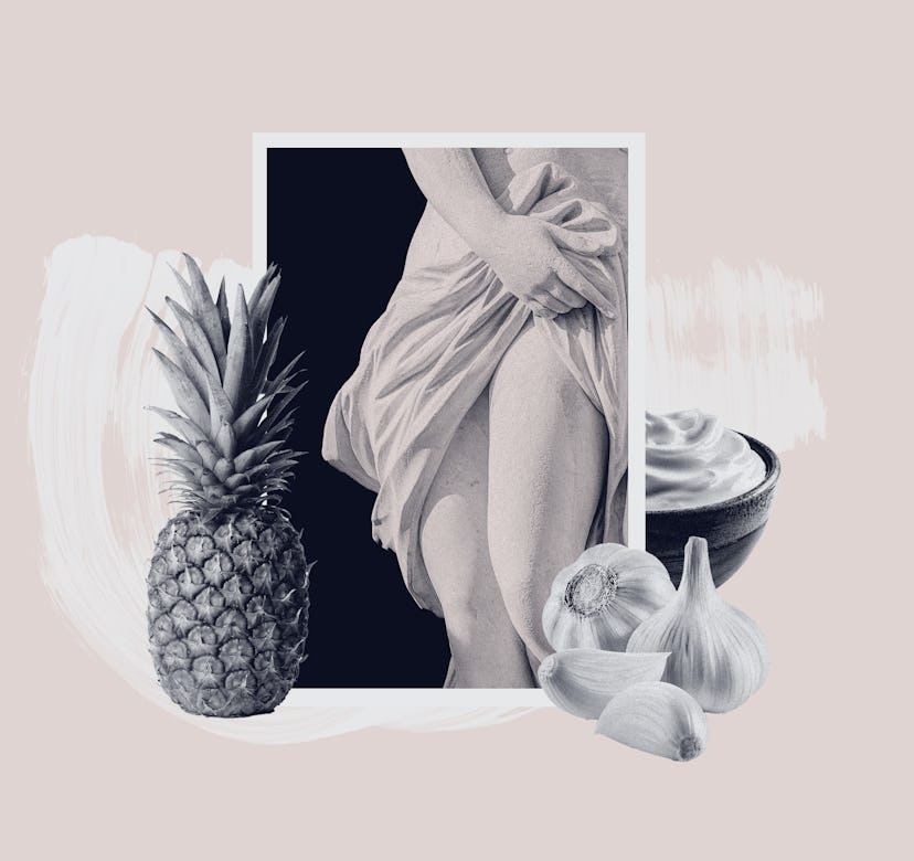 A collage with a woman wrapped in sheets, pineapple, yogurt and garlic representing common vagina my...