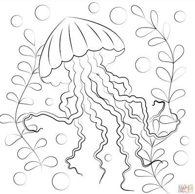 Black and white cartoon coloring page; realistic jellyfish underwater with plans and bubbles