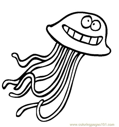 Black and white cartoon jellyfish coloring page; jellyfish is cross-eyed and smiling with teeth