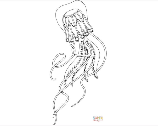 Black and white cartoon jellyfish coloring page; jellyfish with long flowy legs