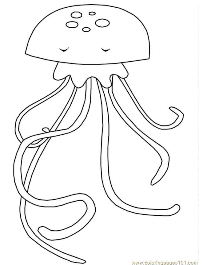 Jellyfish coloring pages: cartoon jellyfish with sleeping eyes, long legs, and dots. 