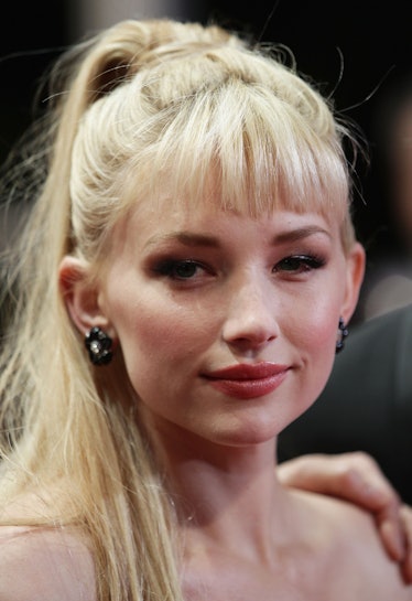 Haley Bennett with a ponytail and black earrings close-up at the Cannes Film Festival 2021