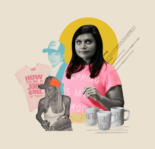 A collage of cheugy items, including Rae Dunn mugs, Mindy Kaling in a shopping tshirt, and trucker h...