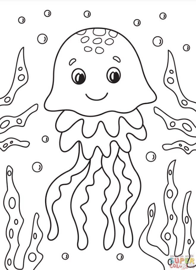 Black and white cartoon coloring page; Jellyfish with smiling face, underwater with bubbles and seaw...