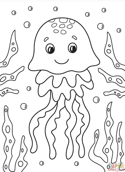 Black and white cartoon coloring page; Jellyfish with smiling face, underwater with bubbles and seaw...