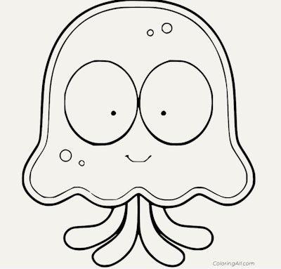 Jellyfish coloring pages: Cartoon jellyfish with big eyes and smile.