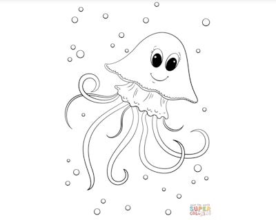 Black and white cartoon coloring page; jellyfish with smiling face, underwater with bubbles
