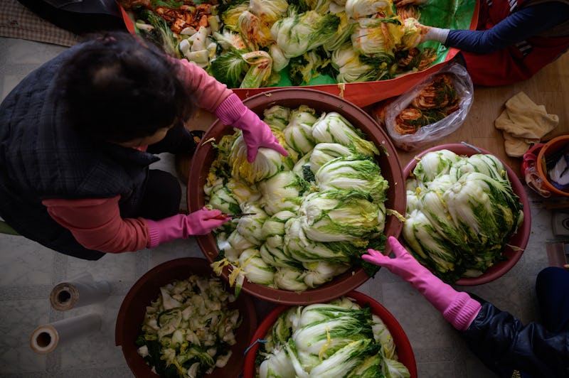 People prepare cabbages to make kimchi. 