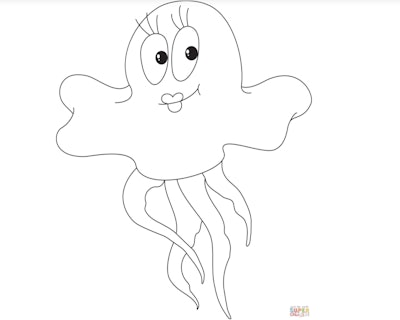 Black and white cartoon jellyfish coloring page; jellyfish with big eyes, eyelashes, and smile