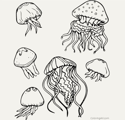 Black and white cartoon jellyfish coloring page; six jellyfish with different designs swimming toget...