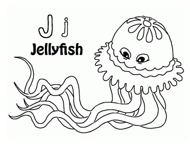 Black and white cartoon jellyfish coloring page with a capital and lowercase "J" and "jellyfish" wri...