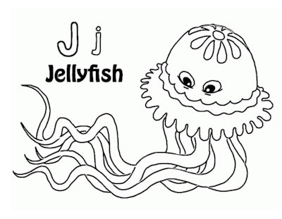 Black and white cartoon jellyfish coloring page with a capital and lowercase "J" and "jellyfish" wri...