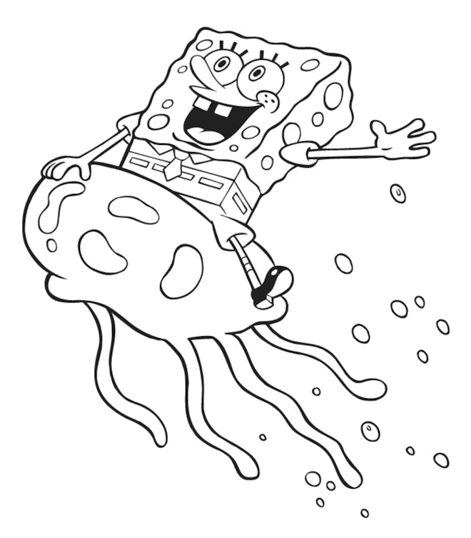 Jellyfish coloring pages: Black and white cartoon Spongebob SquarePants riding a jellyfish underwate...