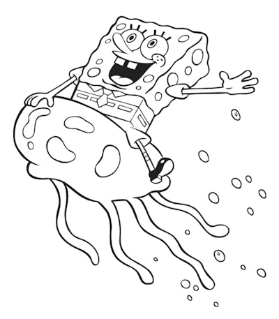 Jellyfish coloring pages: Black and white cartoon Spongebob SquarePants riding a jellyfish underwate...