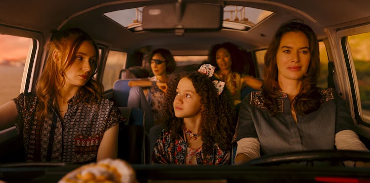 The cast of Gunpowder Milkshake listening to tunes in the car