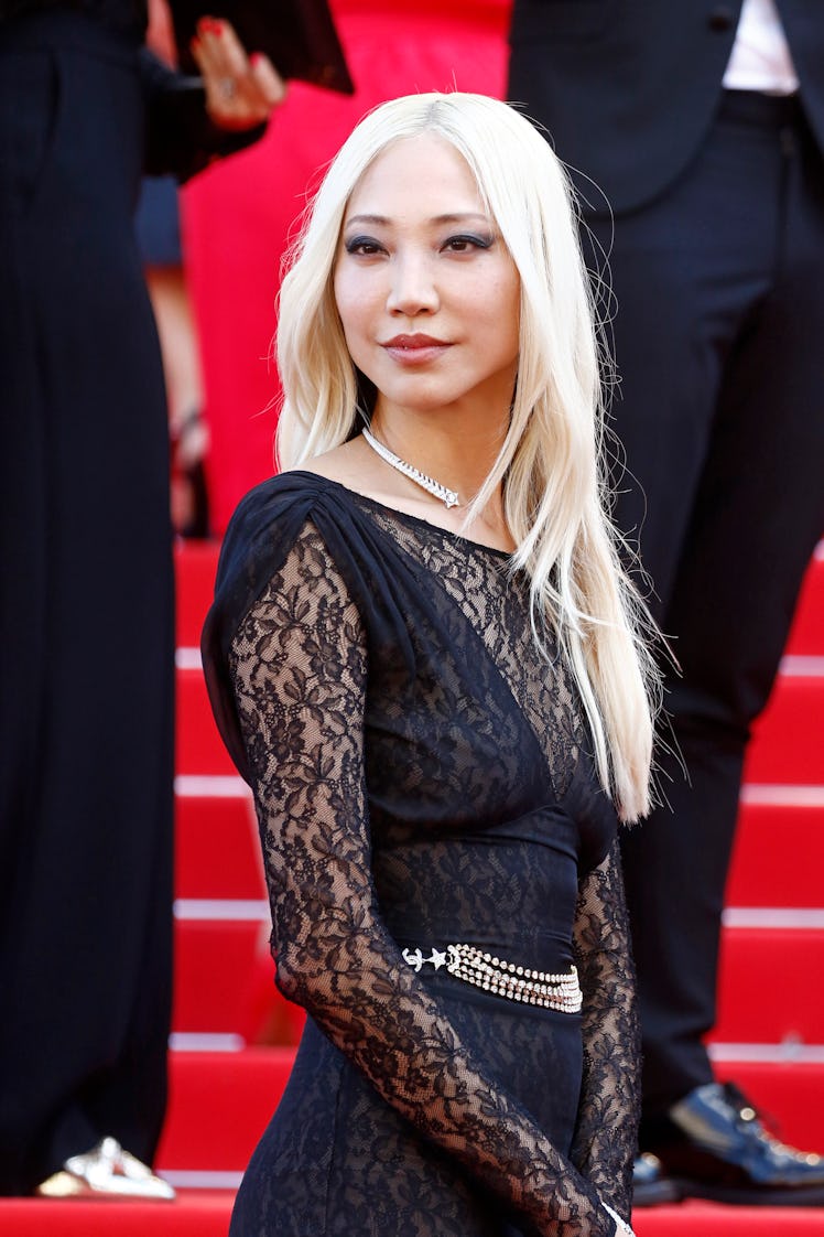 Soo Joo Park in a black lace dress and silver choker necklace at the Cannes Film Festival 2021