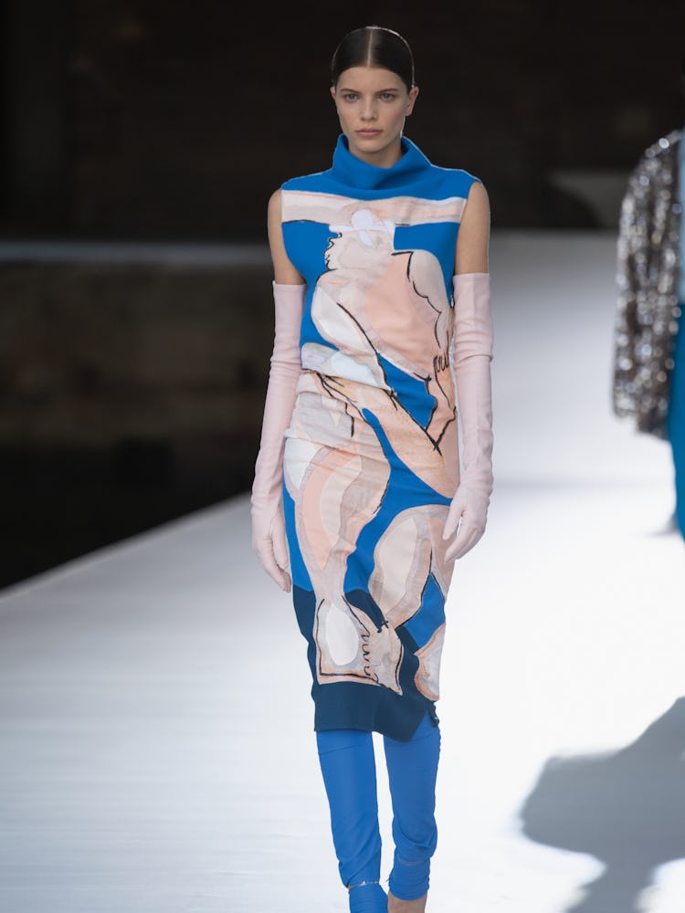 A model in a blue-peach dress at the Valentino Couture Fall 2021 Couture