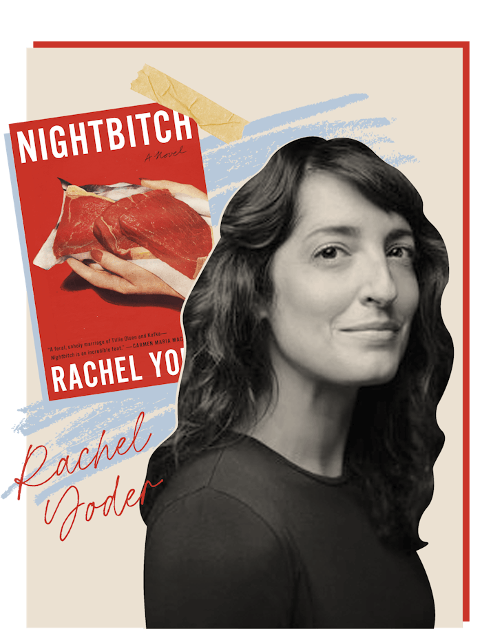 A collage of a black and white photo of Rachel Yoder and her book Nightbitch