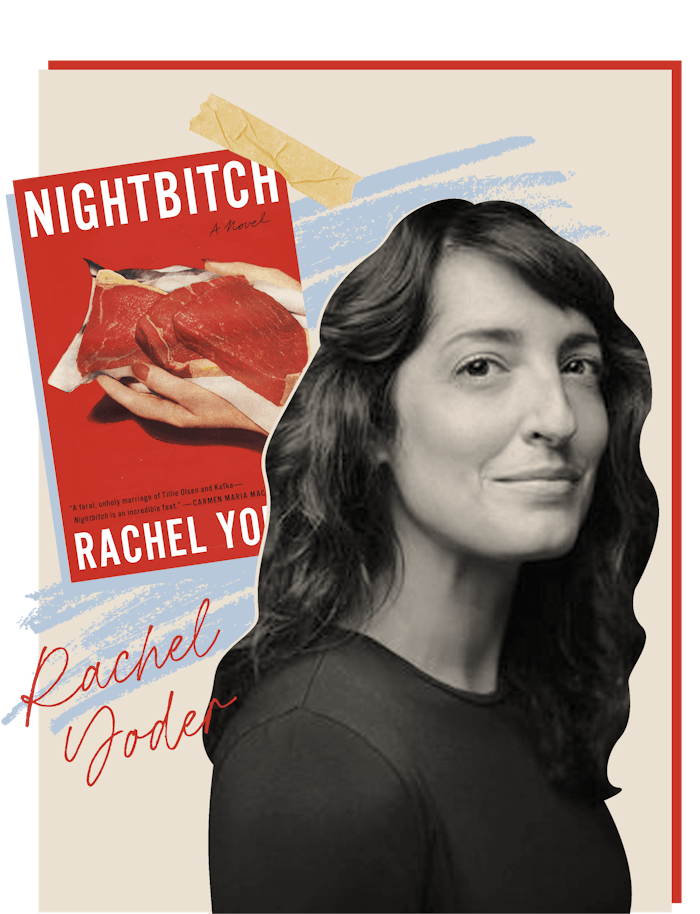A collage of a black and white photo of Rachel Yoder and her book Nightbitch 