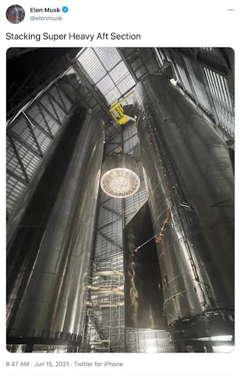 Elon Musk sharing progress on the SpaceX Starship's Super Heavy booster.
