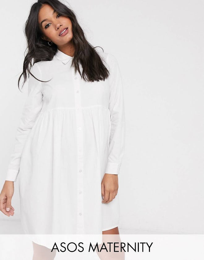 a white maternity oxford shirt dress with buttons and collar