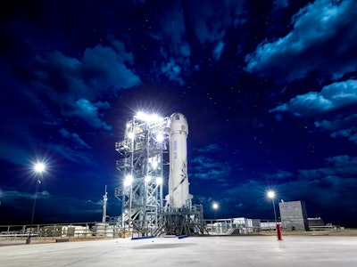 New Shepard on the launch pad the morning of Mission 8, April 29, 2018.