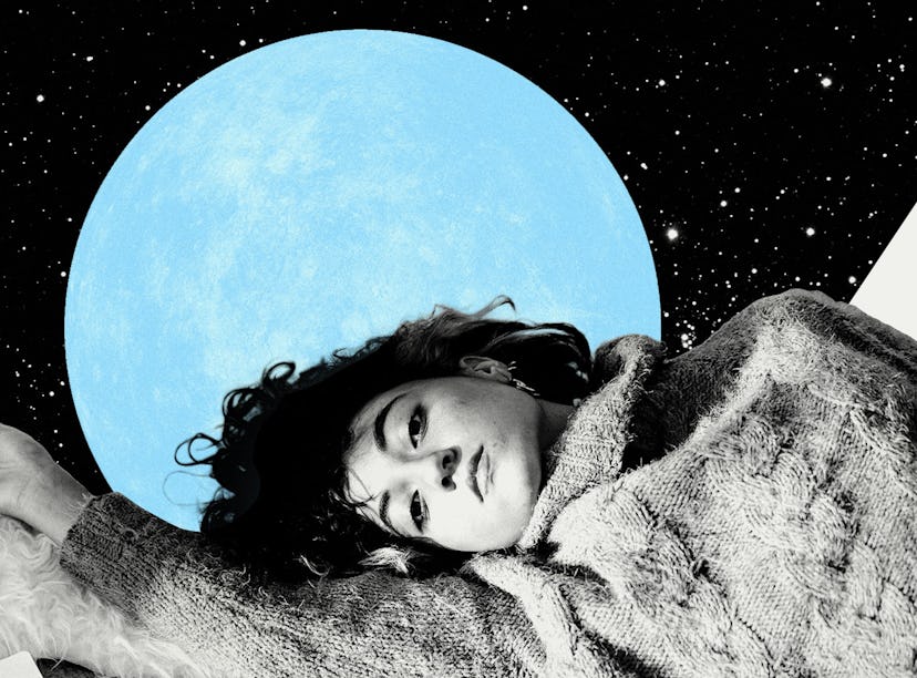 Young woman laying down with the blue moon behind her to show how the July 2021 full moon in Aquariu...
