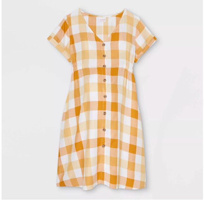yellow and white gingham maternity dress with buttons up front