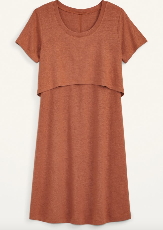 rust colored t-shirt maternity dress with overlay for nursing