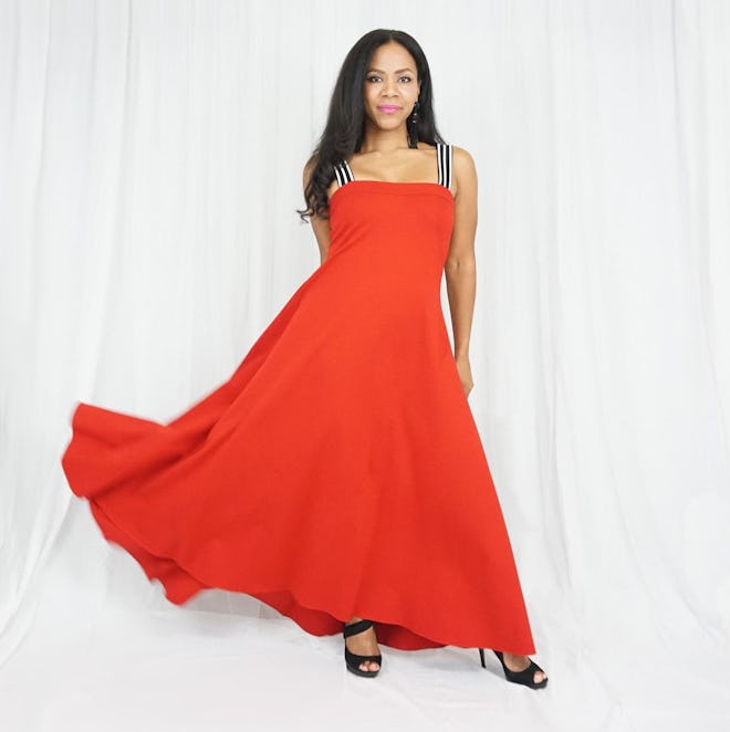 a bright red long maternity gown with striped thick straps