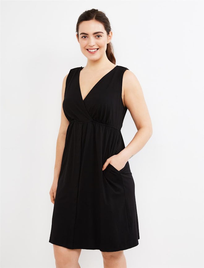 a black v-neck maternity dress with hidden snaps for labor and nursing