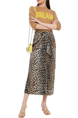 Ganni Bow-detailed leopard-print silk-blend satin midi skirt