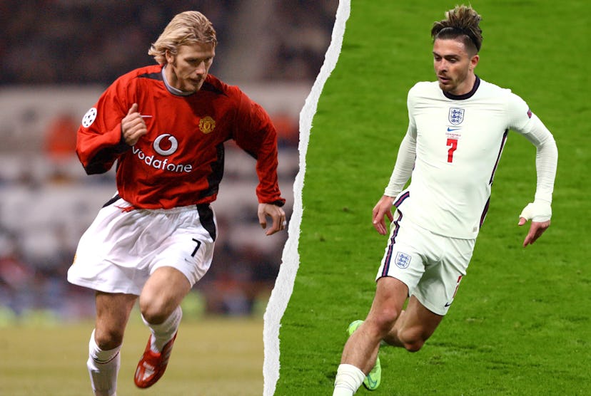 David Beckham and Jack Graelish on the pitch, chasing a ball