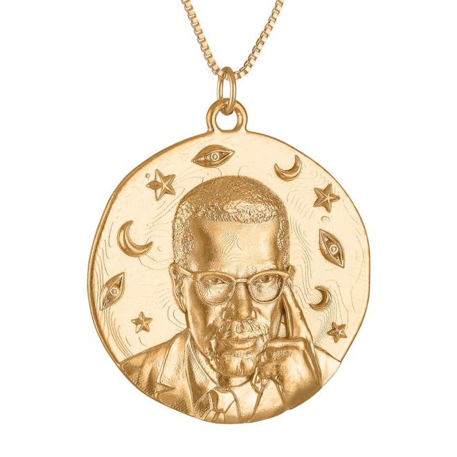 Malcolm X large gold vermilion medallion necklace from Black-owned jewelry brand SEWIT SIUM.