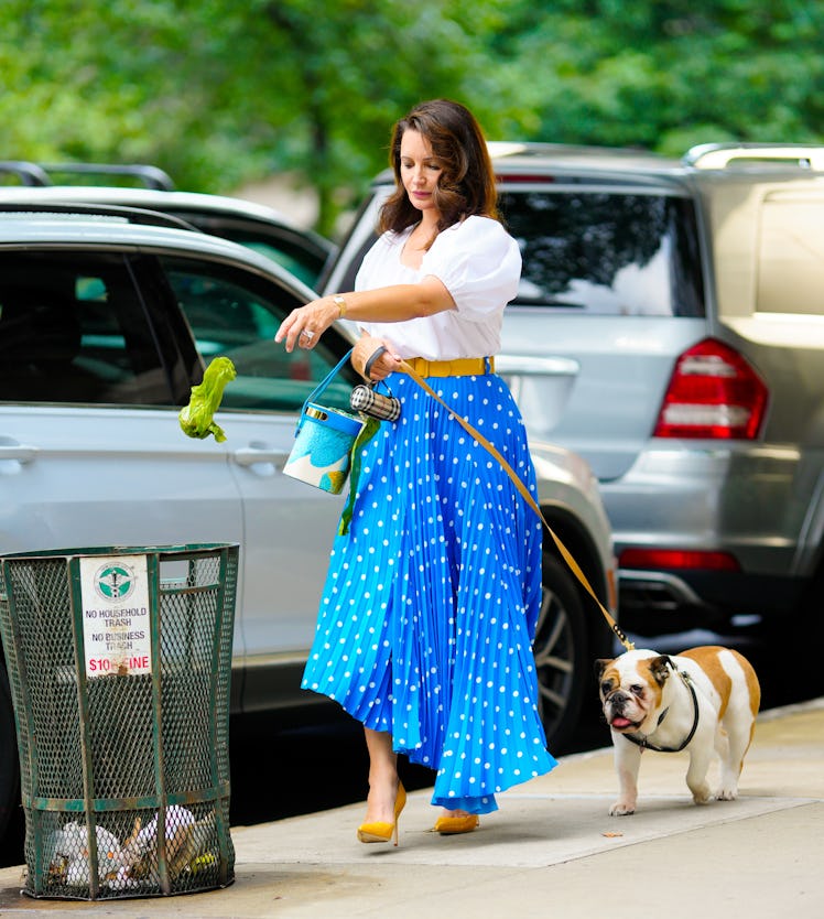 Kristin Davis and a dog on the set of And Just Like That...