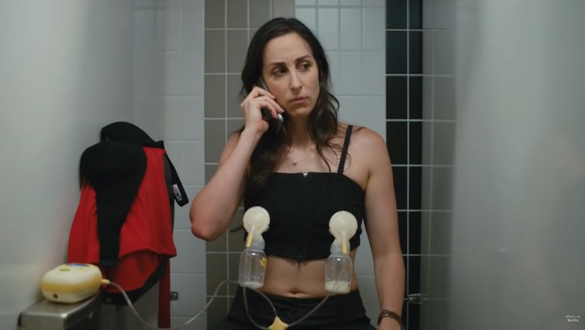 Catherine Reitman's character pumped in the bathroom in Workin' Moms.