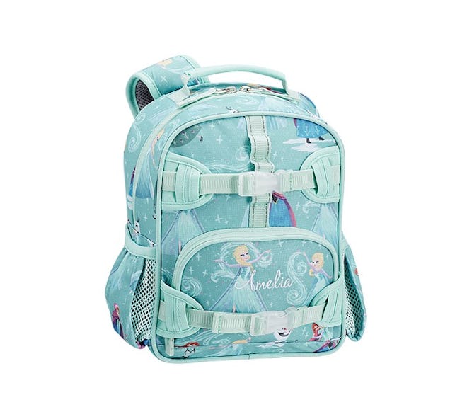 Teal backpack with Disney "Frozen" pattern with Anna and Elsa