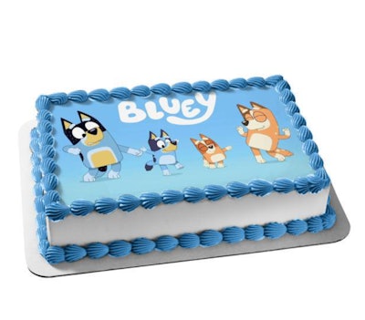 Birthday cake with overlay featuring characters from the show "Bluey"