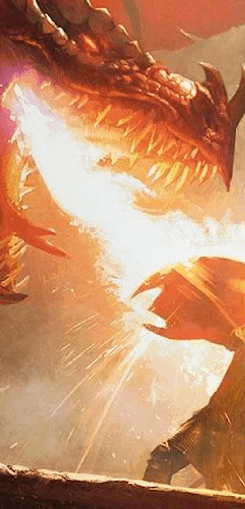 dragon breathing fire at adventurer holding shield in dungeons and dragons art
