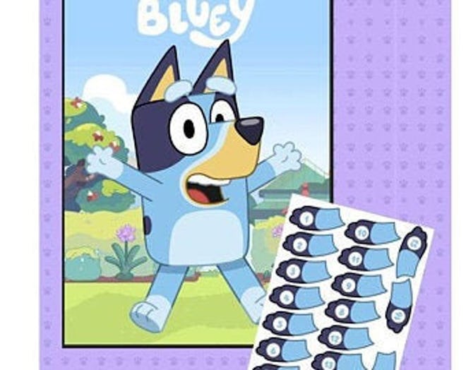 Pin the tail on the "Bluey" game poster with a page of cut out tails 