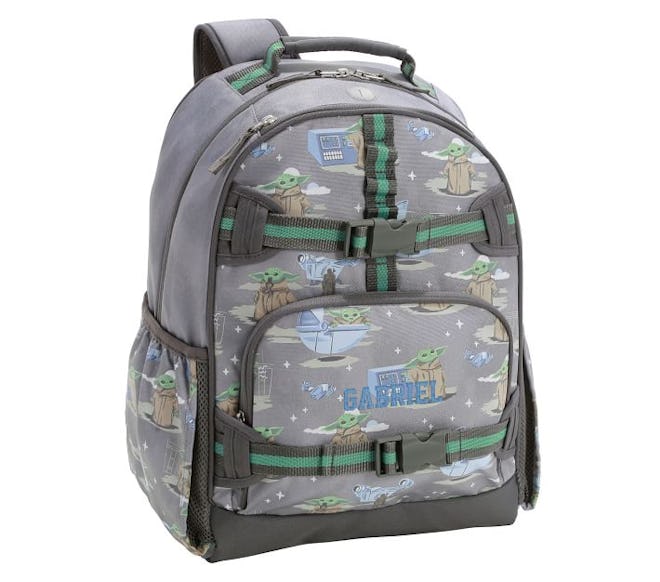 Grey backpack with "Star Wars" baby Yoda print 