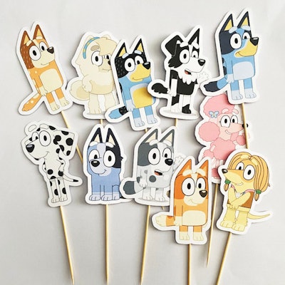 11 cupcake toppers, each a different character from the show "Bluey"