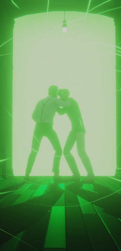 screenshot of two people in front of green portal from last stop