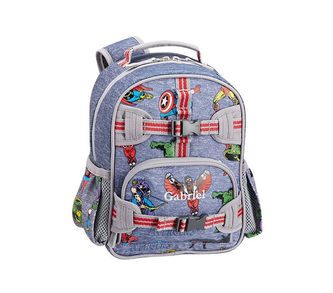 Blue backpack with cartoon Marvel Avengers characters pattern