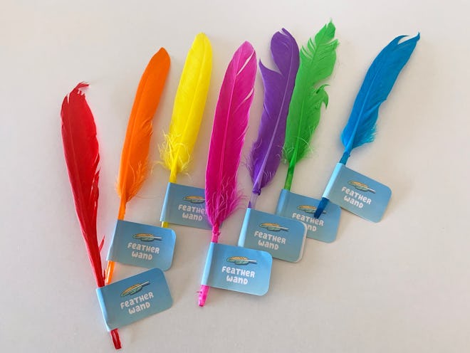 Seven feathers in different colors with "Bluey" tags that say "featherwand"
